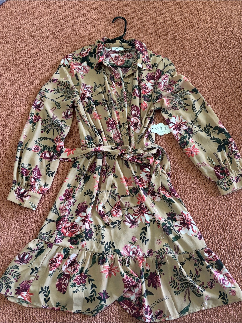 AUW Taupe Floral Tie-Waist Long Sleeve Dress with Pink & Burgundy Blooms